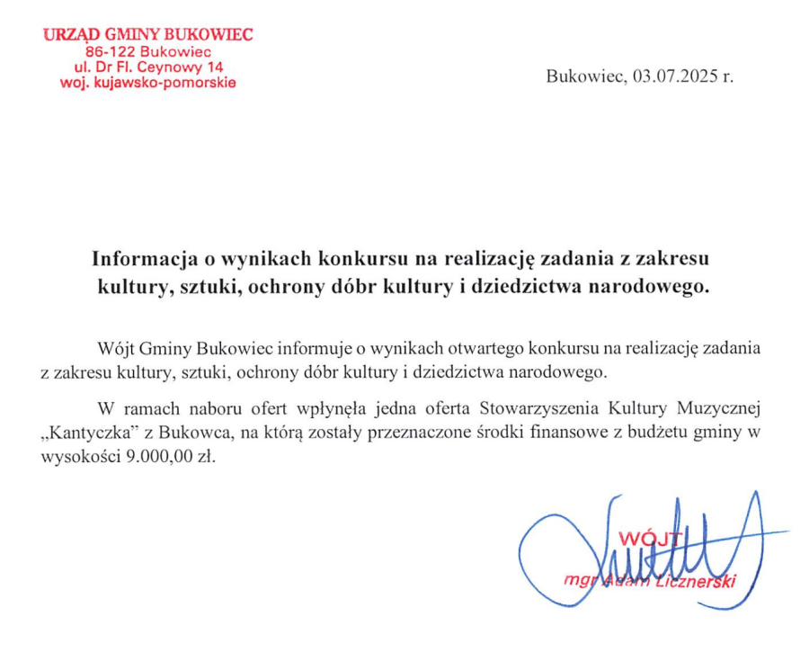 Informacja o wynikach konkursu