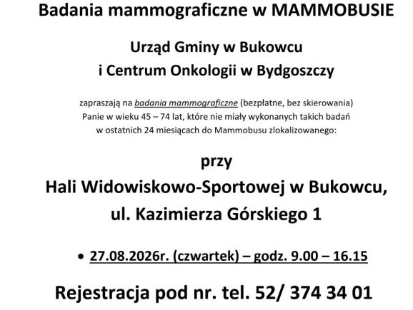 Bezpłatne badania mammograficzne w Bukowcu
