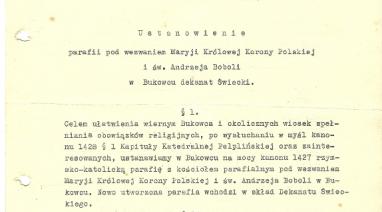 Dokument ustanawiający parafię Bukowiec